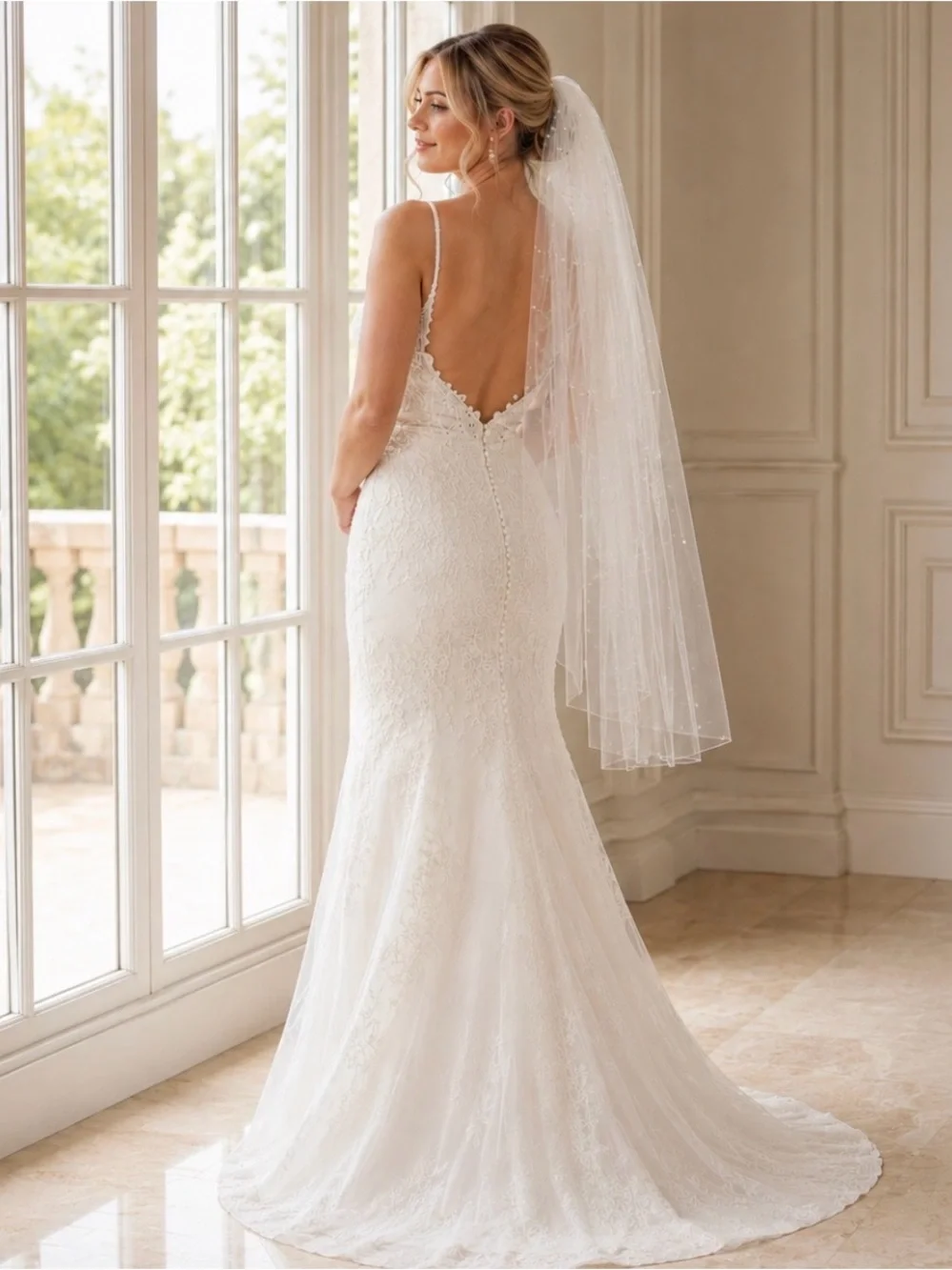 Elegant Pearl Embellished Fingertip Length Wedding Veil
